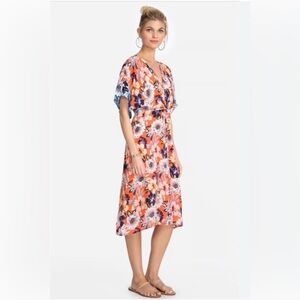 Johnny Was Jade Deepika Tie Front Midi Floral Silky Orange Dress